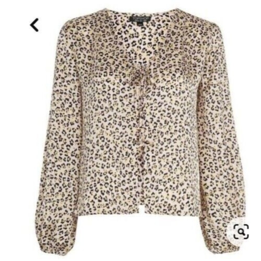 Topshop Pink Leopard Heart Print Blouse Ruffle Trim Tie Front Top Size 4 Edgy